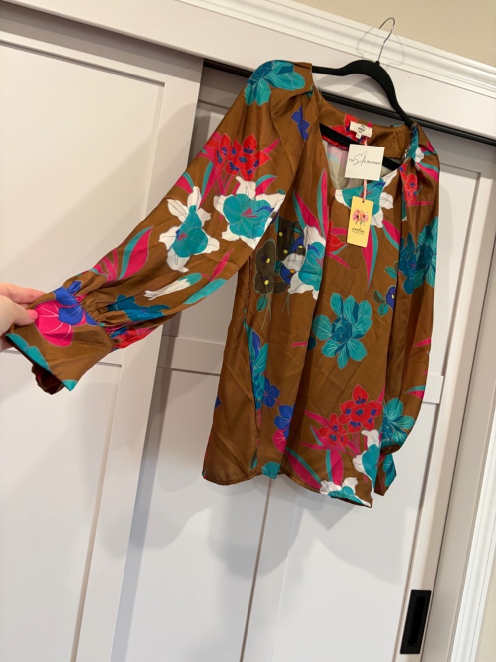 entro Brown Floral Blouse with Teal & Fuchsia Blooms